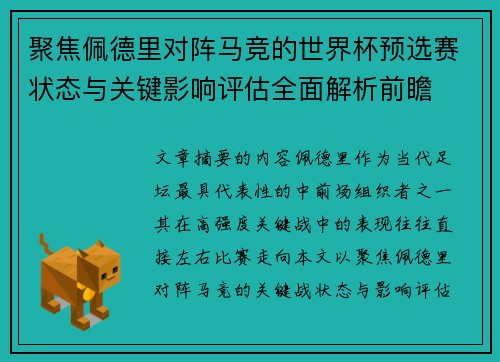 聚焦佩德里对阵马竞的世界杯预选赛状态与关键影响评估全面解析前瞻